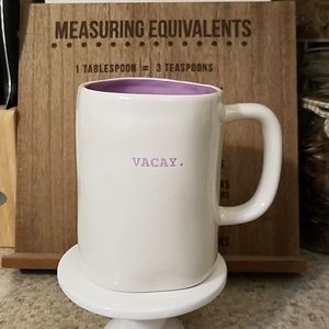 Rae Dunn type style font "Vacay." Mug